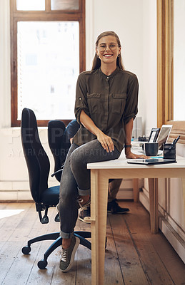 Buy stock photo Creative startup entrepreneur and leader, motivation and inspiration for young females. Happy caucasian business woman and owner of consulting agency you can trust, sitting and smiling on work desk.