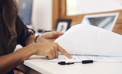 Buy stock photo Hands, documents and accountant check report for information, financial data or analysis. Paperwork, accounting hand and business woman checking paper for auditing, planning and bookkeeping in office