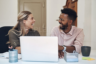 Buy stock photo Startup, happy people or writers laughing on laptop for reading report, editing story or creative agency. Funny, news research and journalists typing online for publication website or writing blog