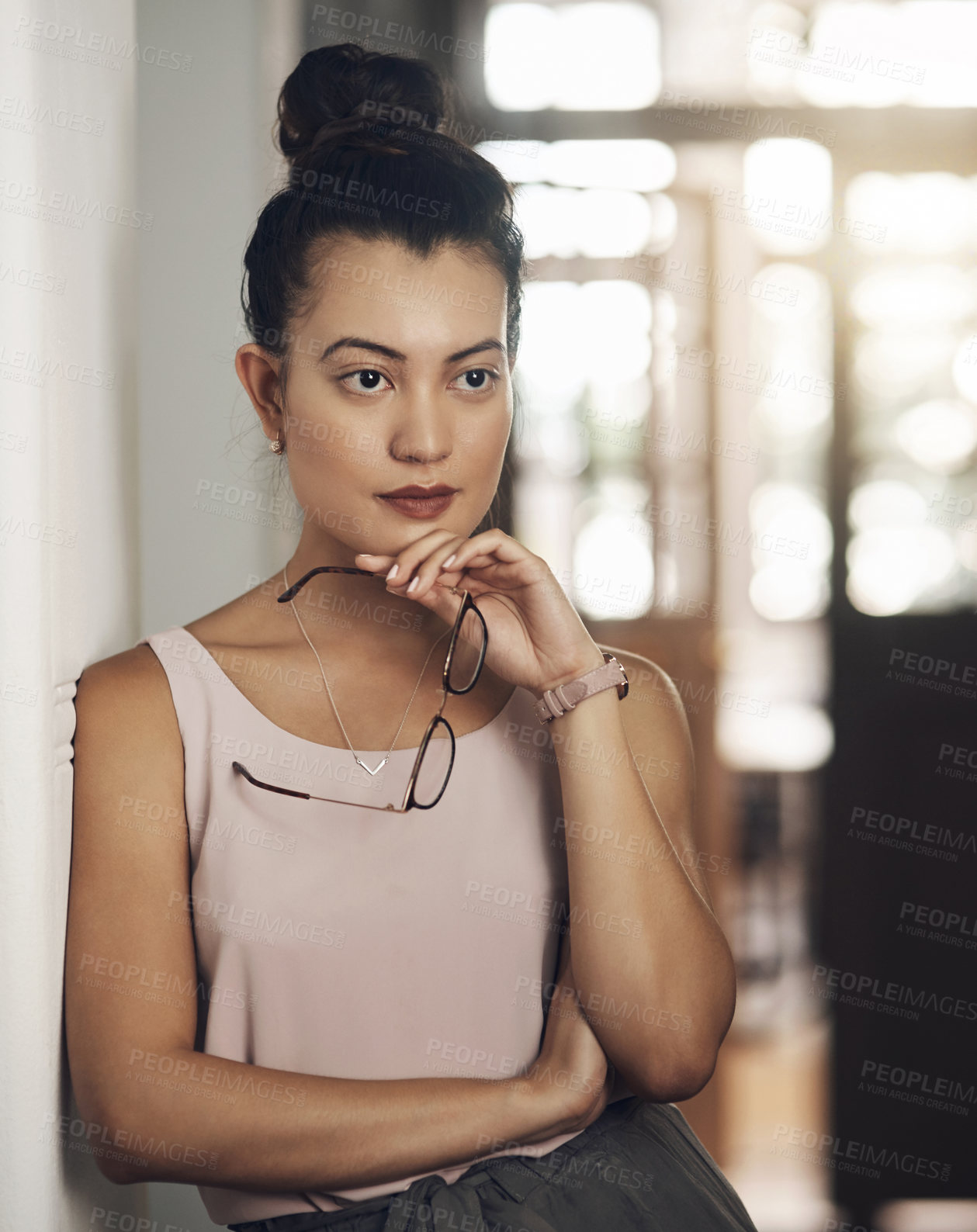 Buy stock photo Business, thinking and woman in office, choice and ideas with fashion designer, solution and decision. Person, employee and entrepreneur in workplace, options and contemplation with creative agency