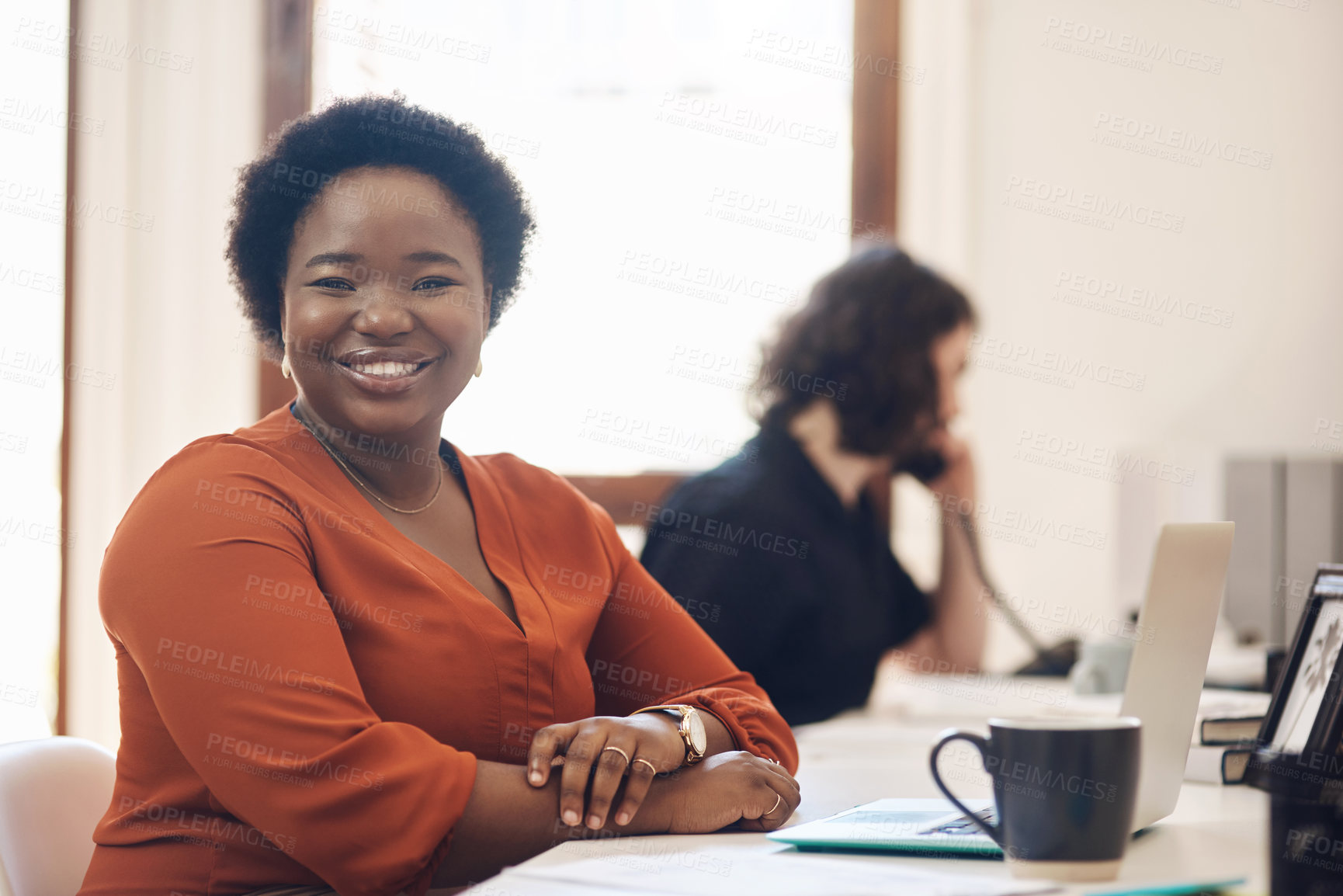 Buy stock photo Confident, writer and portrait of happy woman on laptop for writing report, editing or creative agency for media. Startup, news and journalist in office for publication website or online blog update