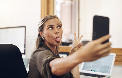 Buy stock photo Selfie, funny and businesswoman in office for profile picture, career update or memory for new job. Goofy, silly and female receptionist with photography image for about us blog online for company.