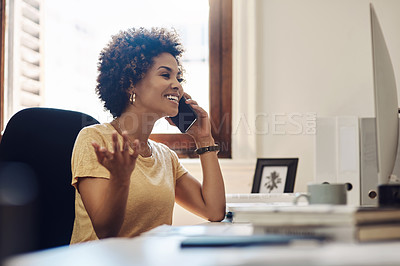 Buy stock photo Business, woman and happy with phone call in office for networking, communication or deal negotiation. Professional, computer and speaking to contact with smile at desk for assistance and connection