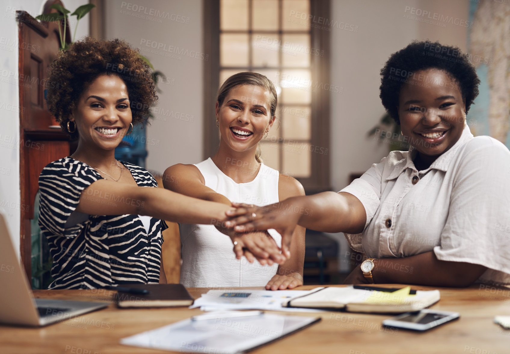 Buy stock photo Employees, hand pile and portrait in office, support and proud of teamwork at agency. Business women, collaboration and motivation for strategy on audience engagement, campaign project and meeting