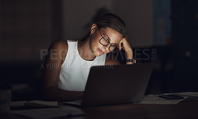 Buy stock photo Tired, business woman or night with laptop for deadline, pressure or strain on desk at office. Young, female person or employee working late on computer with stress for schedule on table at workplace