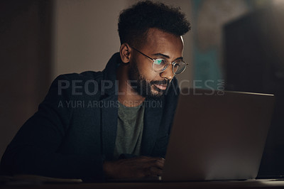 Buy stock photo Business, man and reading laptop at night for checking stock market review, financial investment and serious. Professional, trader and glasses with problem solving for NFT trading and inflation news