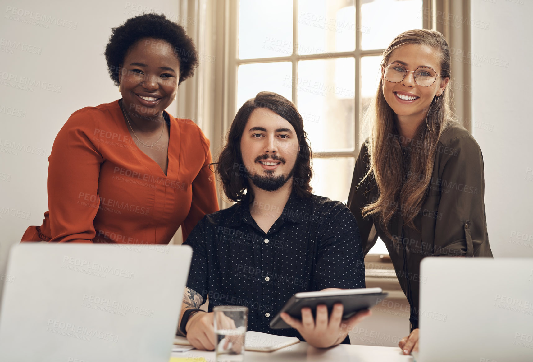 Buy stock photo Research, journalists and portrait of happy people with notebook for report, editing and creative agency. About us, media group and writers writing for publication website and reading blog update