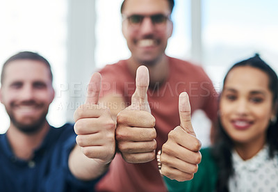 Buy stock photo Hands, thumbs up and emoji with a business team closeup in an office together to gesture yes or thank you. Success, motivation and teamwork with a group of colleagues or employees at work for support