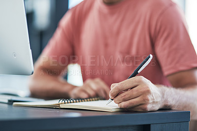 Buy stock photo Businessman, hands and writing with notebook for diary, planning or reminder on office desk. Closeup, man or employee taking notes with pen in book for schedule, tasks or agenda on table at workplace