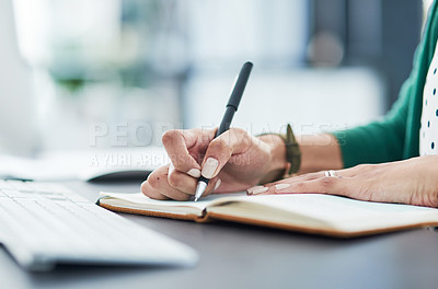 Buy stock photo Schedule, notes and hands with a notebook at work for an agenda, planning or company goals. Business, writing and a secretary or receptionist with a book for a strategy, brainstorming or ideas