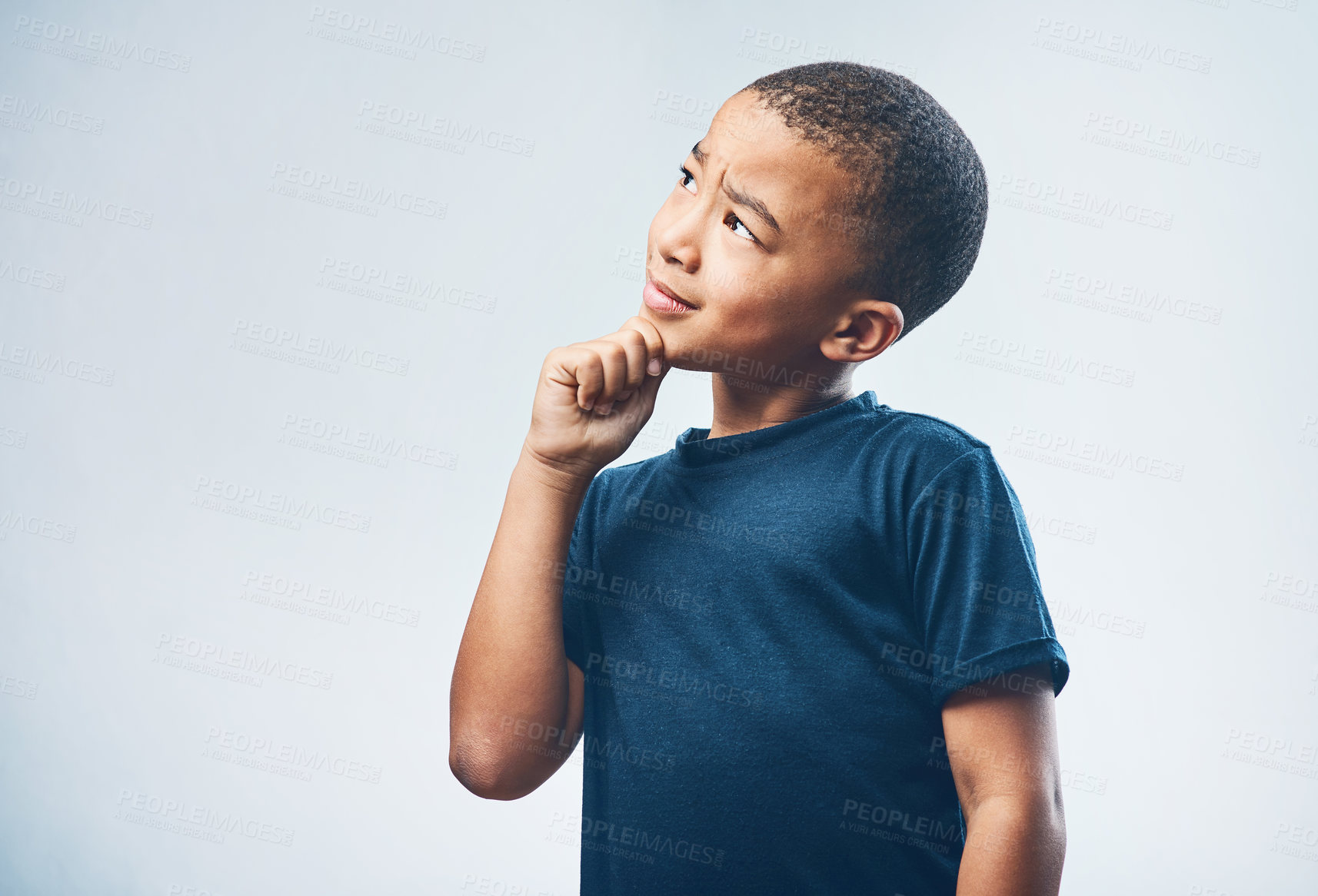 Buy stock photo African kid, idea and boy thinking in studio for solution, problem solving and confused with doubt. Child, dream and planning future, vision and learning for development on white background space