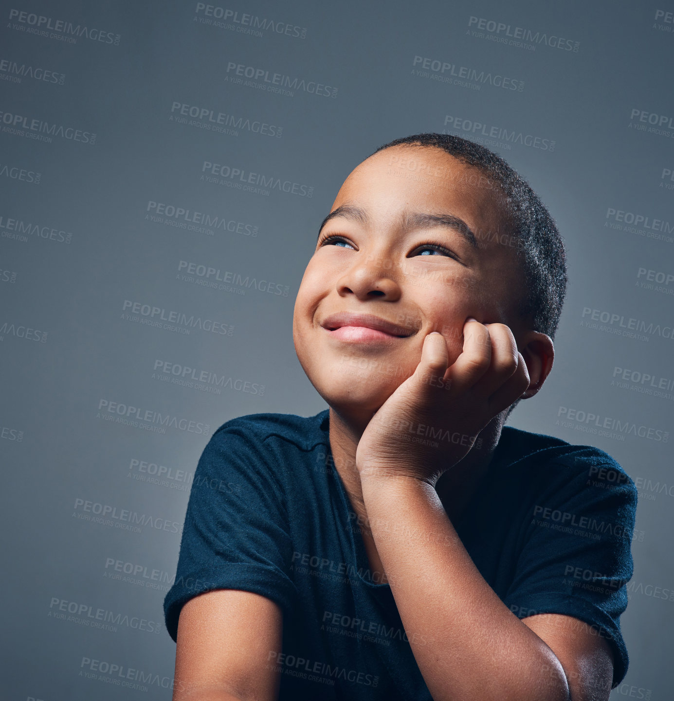 Buy stock photo Happy, African kid or boy thinking in studio for creative solution, problem solving or remember memory. Child, dream or planning future idea, vision or imagine for learning mindset on gray background