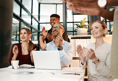 Buy stock photo Professional team clapping hands, cheering during deal or meeting in modern office. Diverse group motivated by a plan, goal or strategy. Coworkers with a vision excited after planning a mission 
