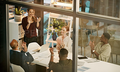 Buy stock photo Successful team clapping hands, cheering during deal or meeting in modern office. Diverse group motivated by a plan, goal or strategy. Coworkers with a vision excited after planning a mission