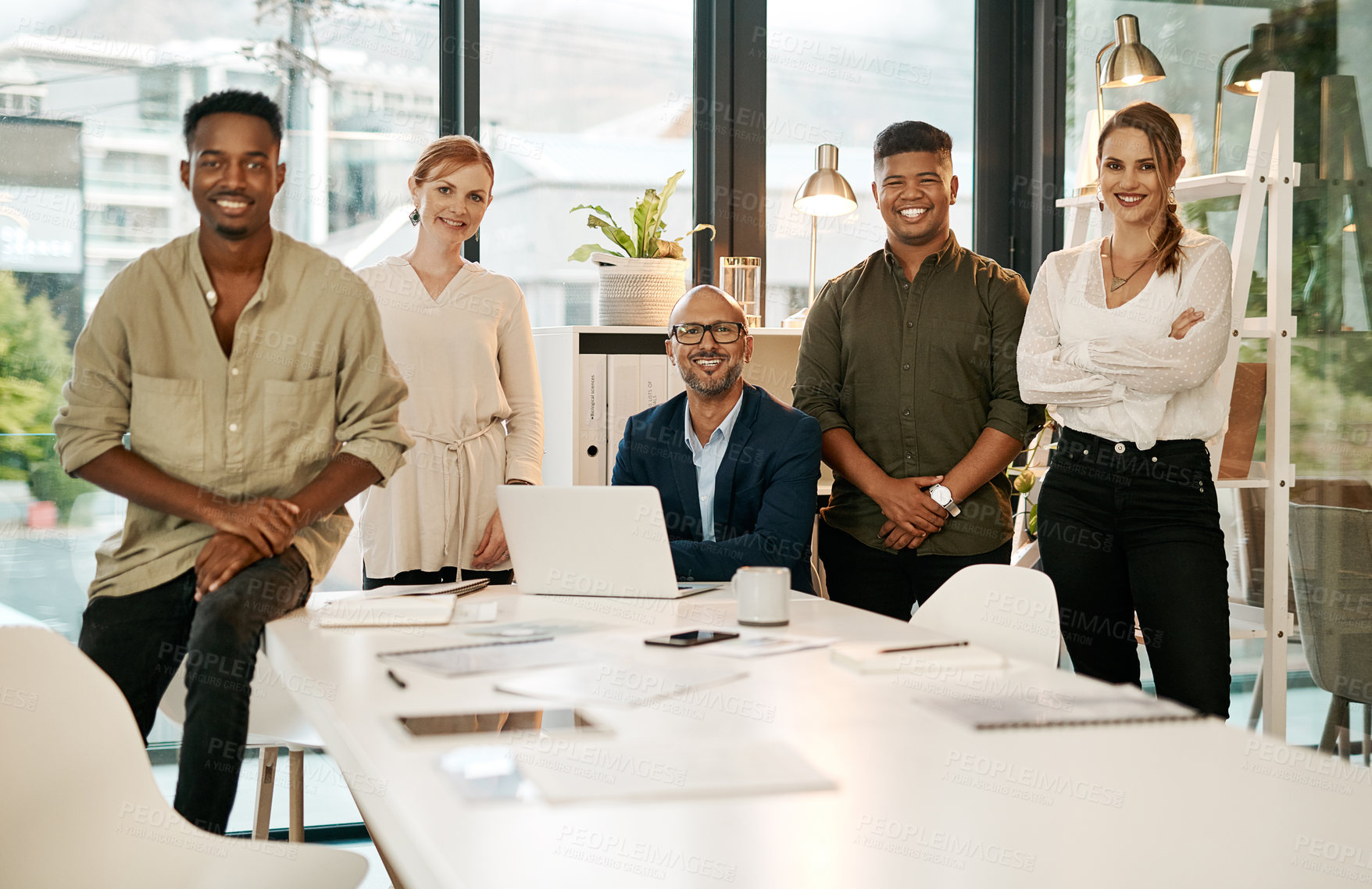 Buy stock photo Business people, happy and portrait in office for collaboration, diversity and confident group of staff. Digital agency, smile and face for teamwork, planning and professional career with management