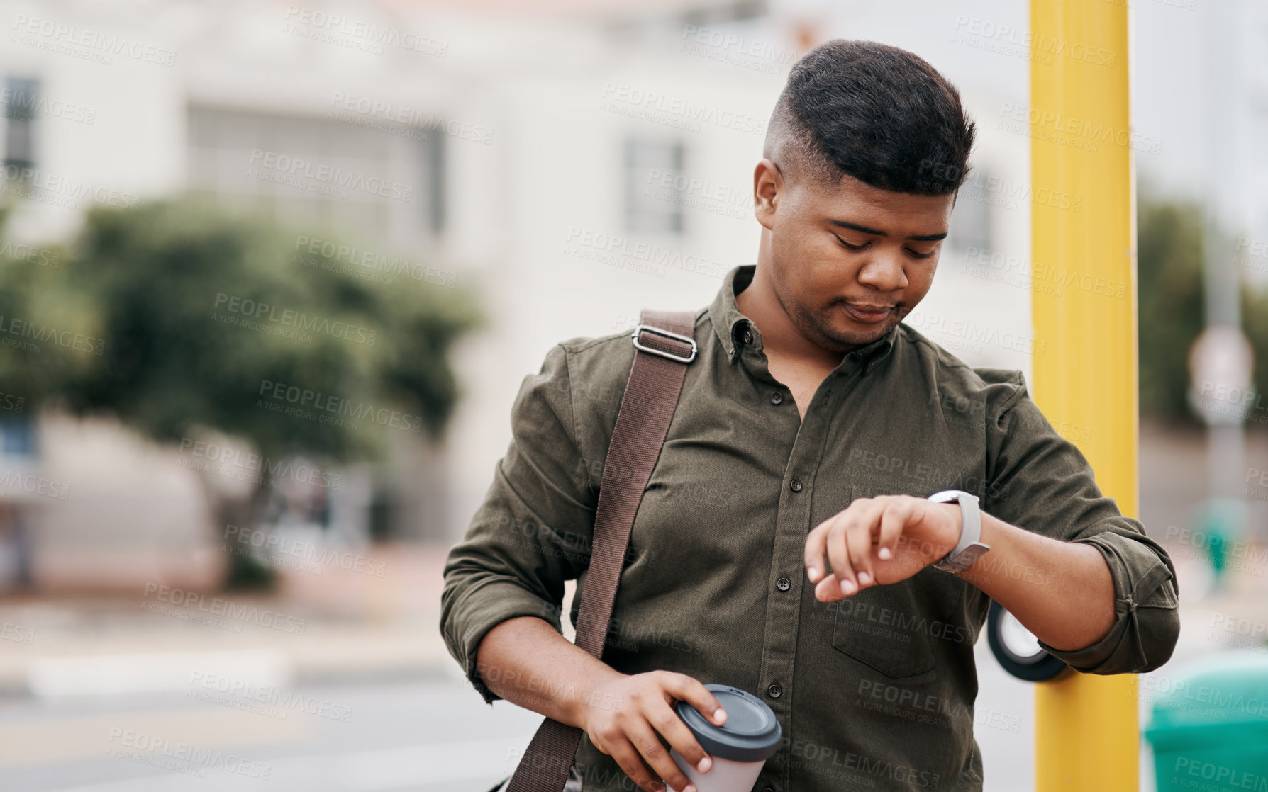 Buy stock photo Business man, city street and check watch for appointment with schedule, work commute and coffee. Male employee person, clock and urban journey to office for meeting, time management and espresso