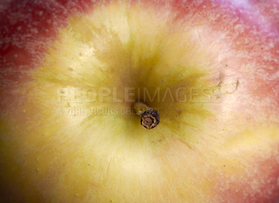 Buy stock photo Closeup of a ripe red apple zoomed in. Organic fresh produce, vegan friendly and vegetarian foods are vital for a healthy and balanced diet. Fruits have vitamins and nutrients and help boost immunity