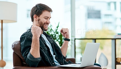 Buy stock photo Man, office and celebrate success on laptop, fist pump and excited for promotion or salary increase. Male person, happy and proud of lottery victory or prize winner, online achievement and triumph 