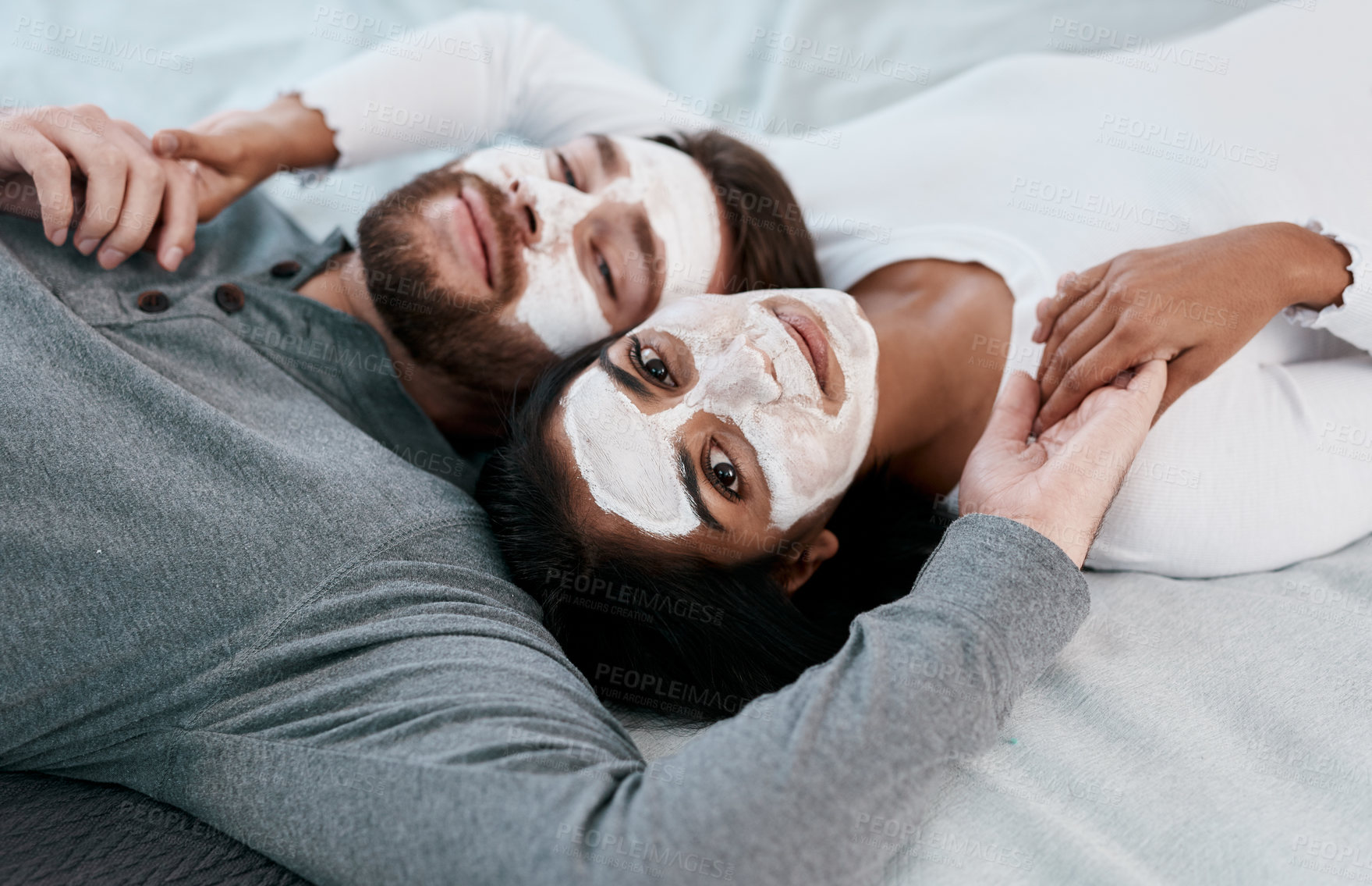 Buy stock photo Skincare, homemade and face mask with portrait of couple for beauty, cosmetics and diy spa treatment. Wellness, collagen and detox facial with man and woman in bedroom at home for self care together