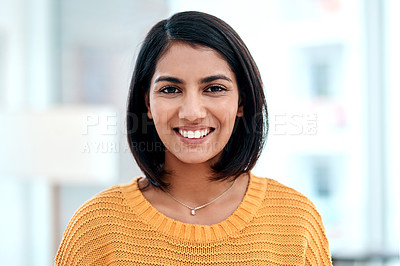 Buy stock photo Portrait of a happy young woman at home