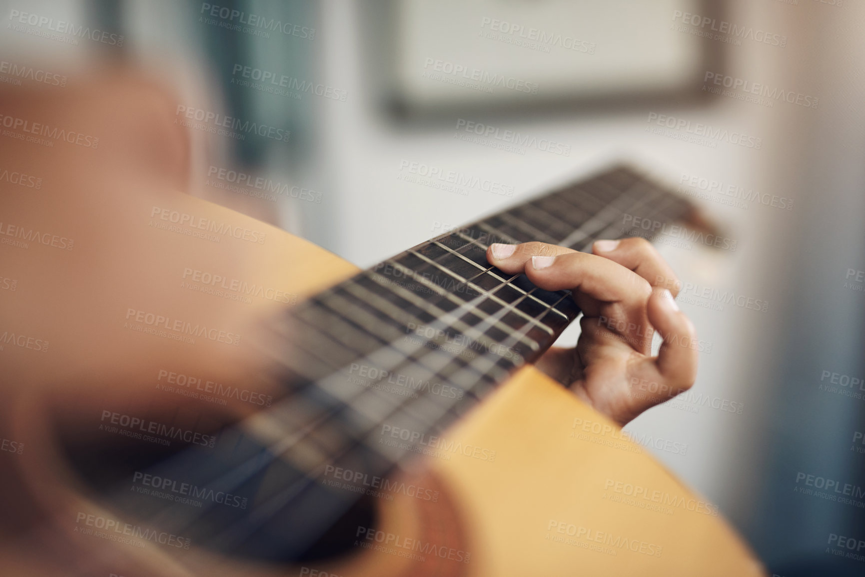 Buy stock photo Person, hand and guitar in home for music, learning and skill development in rehearsal. Zoom, musician and string instrument in living room for talent growth, creativity and artistic outlet in hobby