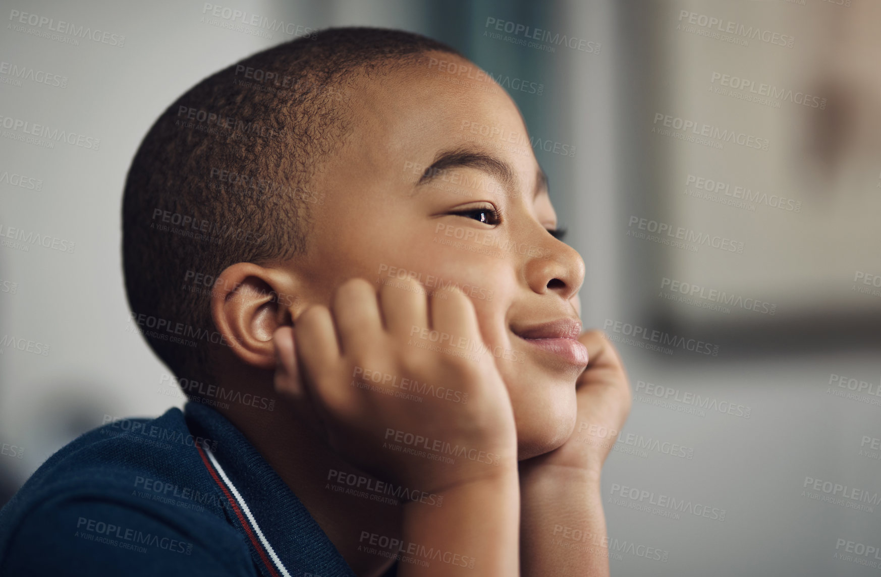 Buy stock photo Face, smile and thinking with boy in bedroom of home for morning development, growth or planning. Future, idea and vision with happy African child in apartment for weekend daydreaming or mindset