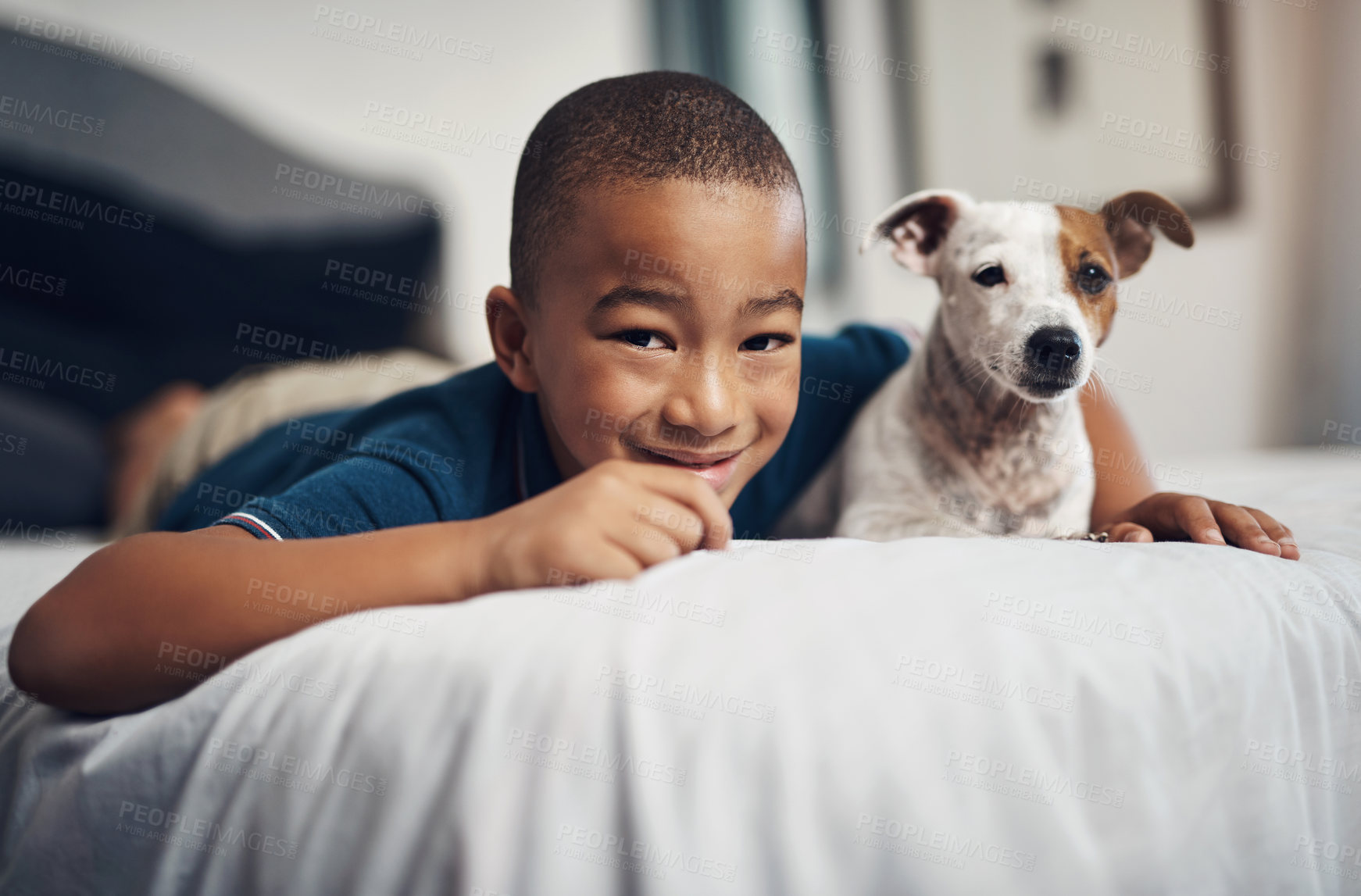 Buy stock photo Shot of an adorable little boy playing with his pet dog on the bed at home
