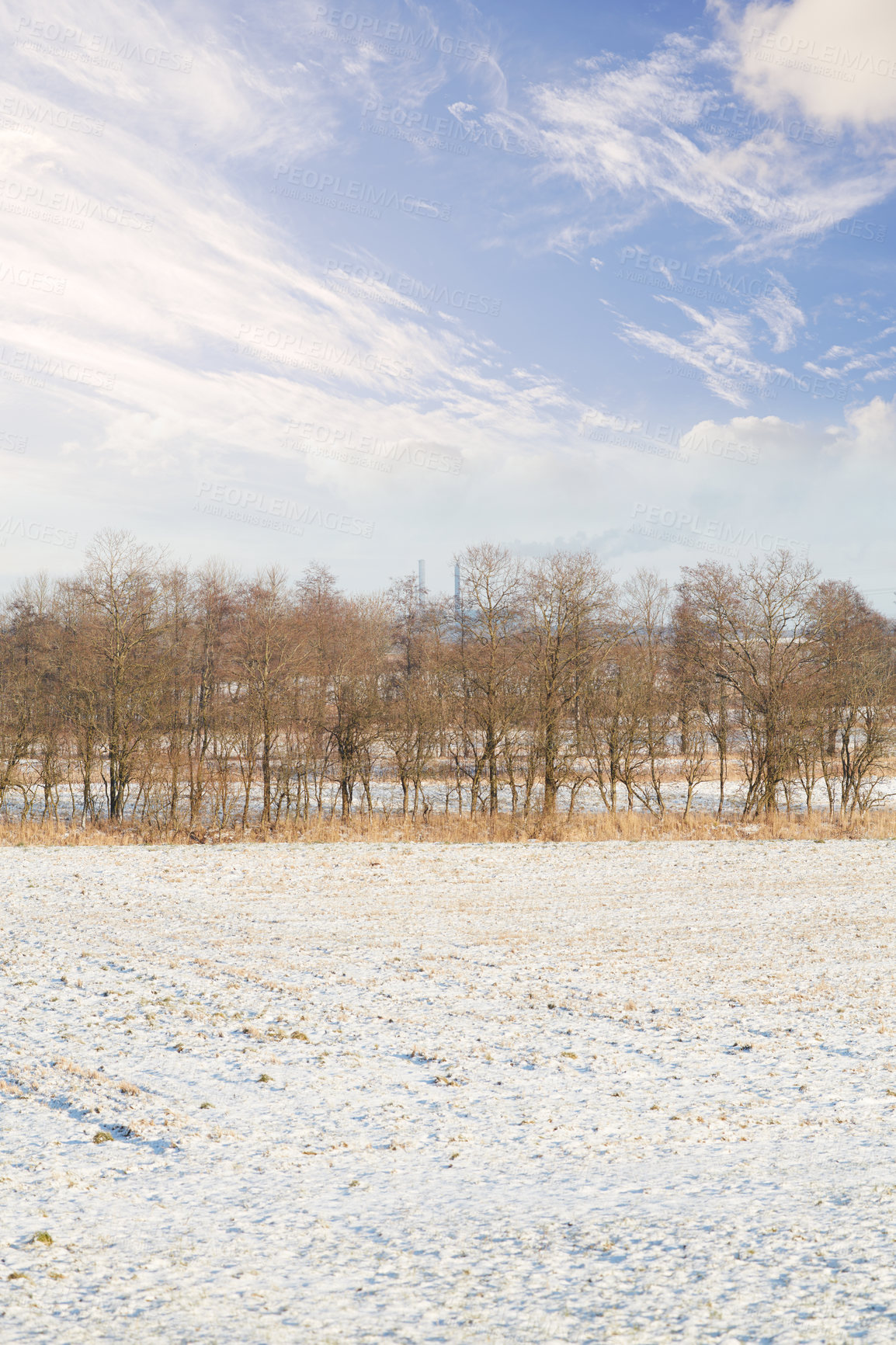 Buy stock photo Winter landscape on a sunny day with blue sky