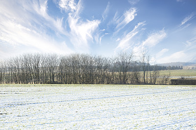 Buy stock photo Winter landscape on a sunny day with blue sky