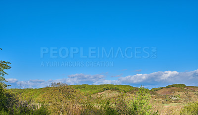 Buy stock photo Scenic landscape of a peaceful meadow with dark clouds in a blue sky background and copy space. Calm and tranquil view of blooming lush plants on a hill in the countryside or wilderness in nature