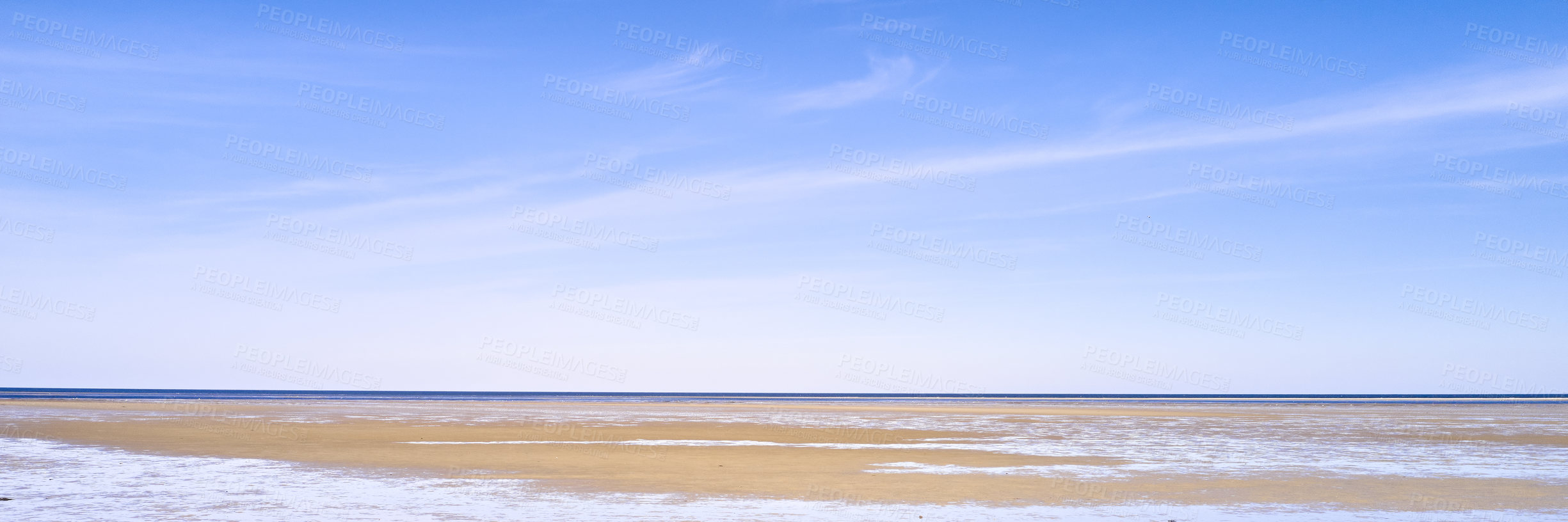Buy stock photo Beach, sand and horizon with blue sky in nature for environment, travel destination and adventure outdoor. Space, natural background and banner of sea for location, tourism and holiday in Denmark