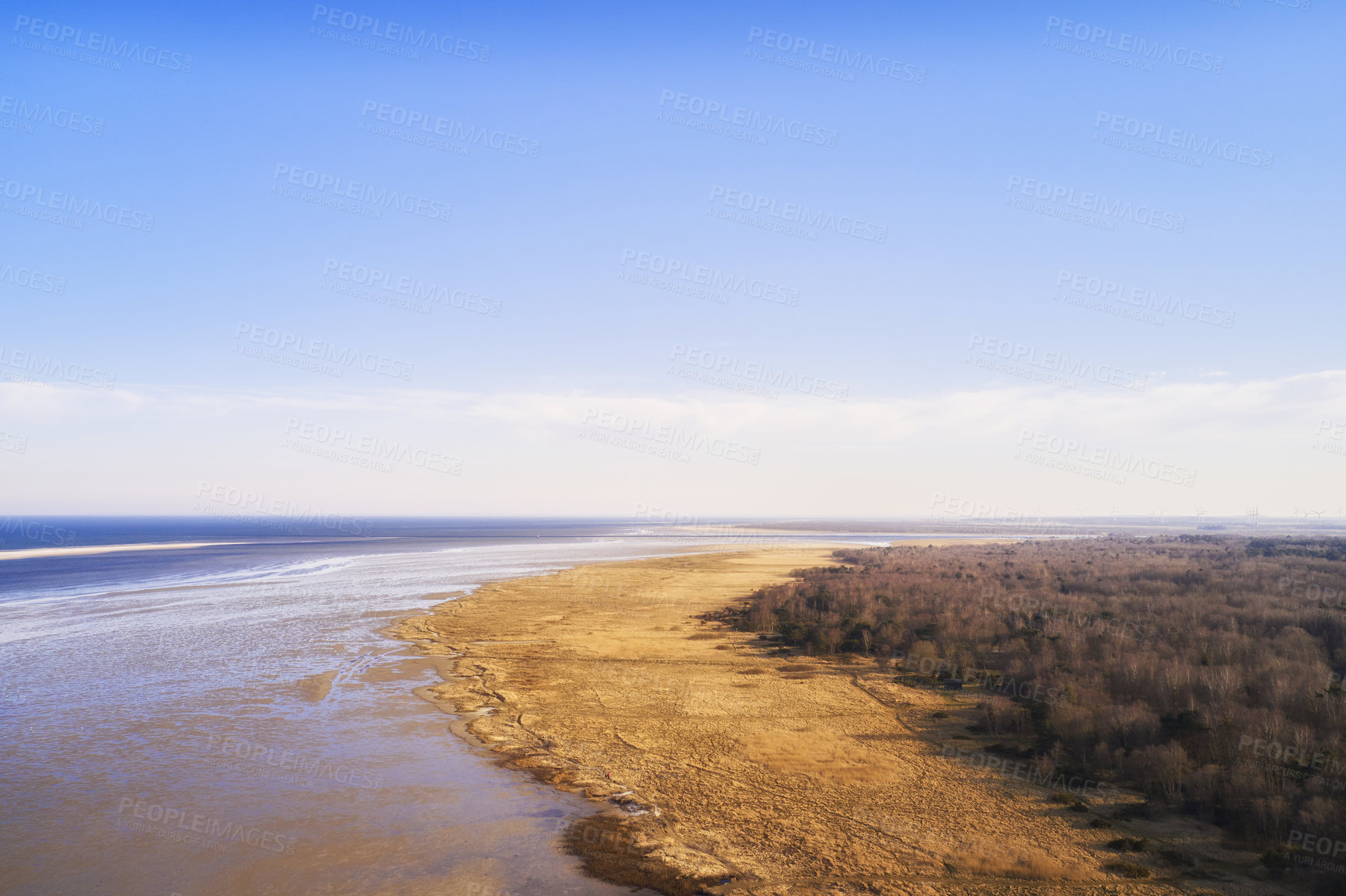 Buy stock photo Beach, aerial and ocean with blue sky in nature for environment, travel destination and adventure. Space, natural background and view of sea and horizon for location, tourism and holiday in Denmark