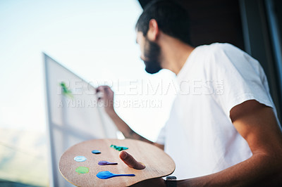 Buy stock photo Art, hand and painting with man on balcony of home for creativity, expression or inspiration outdoor. Paintbrush, palette and wellness with painter person at apartment for hobby or relax on easel