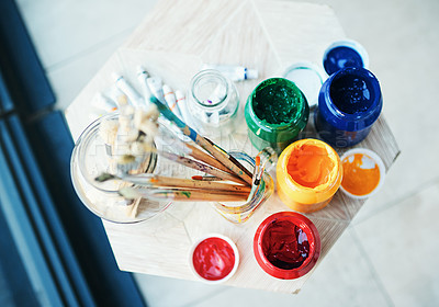 Buy stock photo Still life shot of art supplies on a table