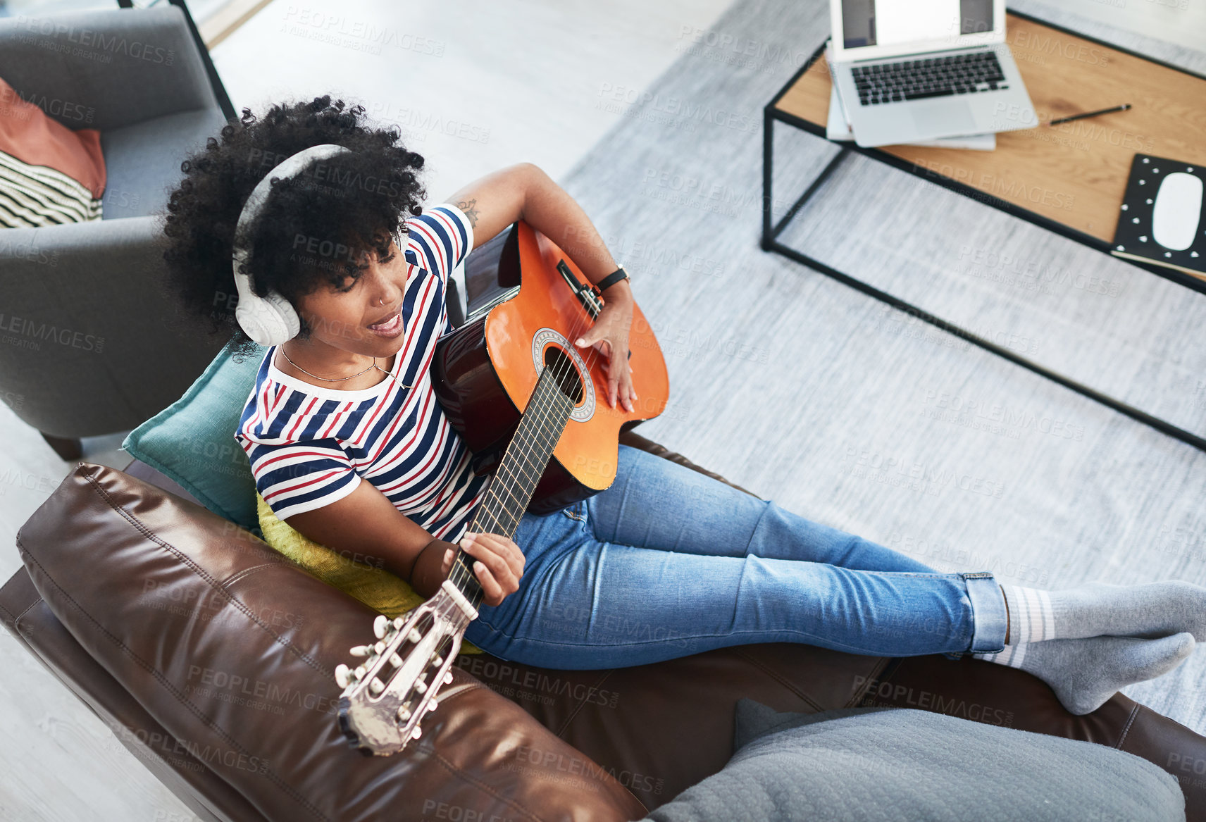 Buy stock photo Woman, song and passion with guitar at home for music, production or hobby performance. Girl, talented artist or acoustic guitarist with musical instrument for sound, string and digital rhythm notes