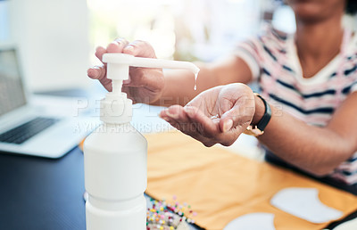 Buy stock photo Sanitizer, cleaning and health with hands of person in office for hygiene, virus and bacteria prevention. Disinfection, bottle and liquid with closeup of employee for healthcare, product and germs