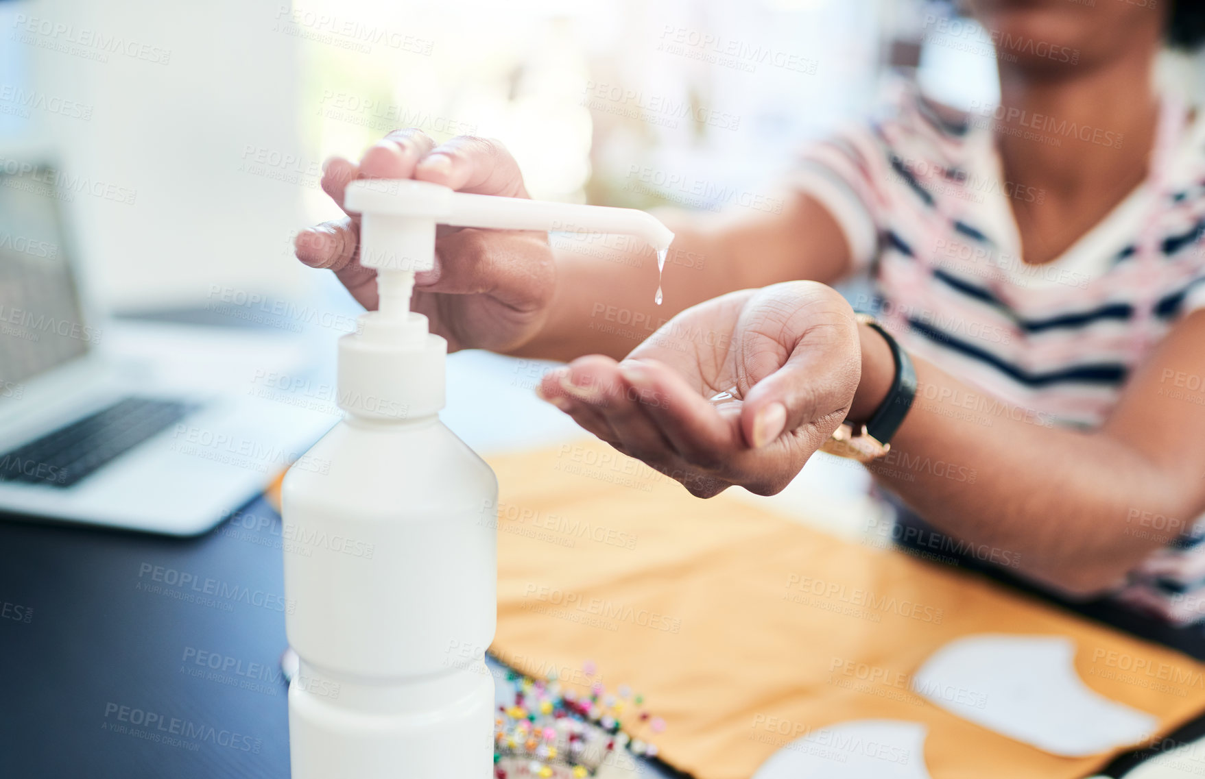 Buy stock photo Sanitizer, cleaning and health with hands of person in office for hygiene, virus and bacteria prevention. Disinfection, bottle and liquid with closeup of employee for healthcare, product and germs