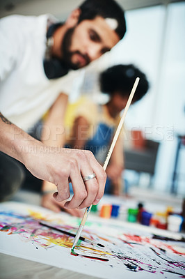 Buy stock photo Painting, hand and art with couple in living room of apartment for creative design, gallery and inspiration. Painter, color pallet and watercolor with people at home for drawing, canvas and hobby