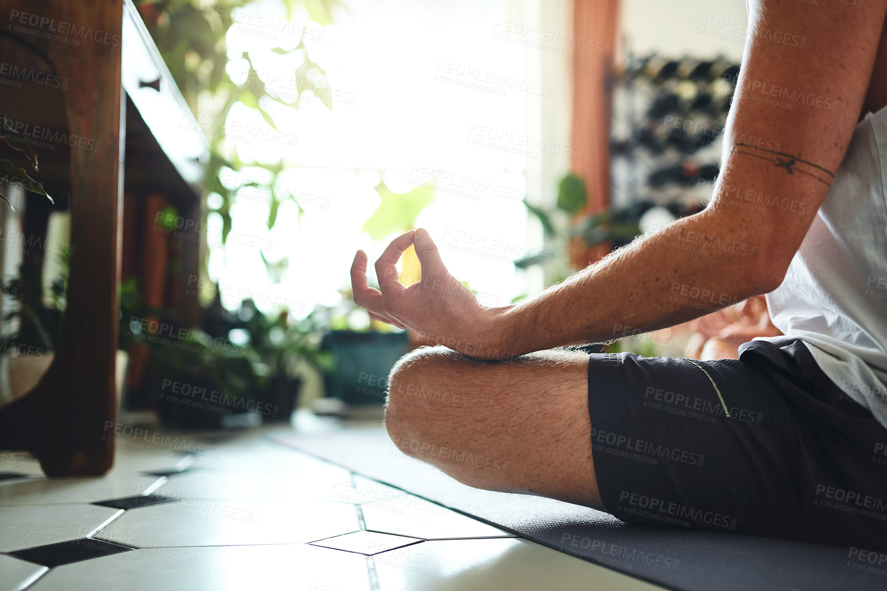 Buy stock photo Person, hands and yoga of meditation at house for holistic fitness, spiritual healing and mindfulness. Active, man and chakra exercise for mental health, reiki performance and lotus pose of self care