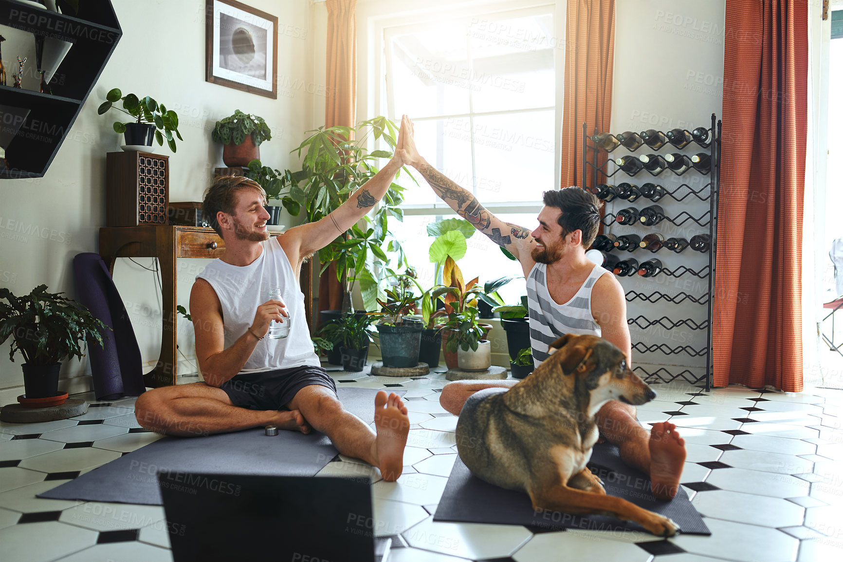 Buy stock photo Shot of two men giving each other a high five after their yoga workout at home