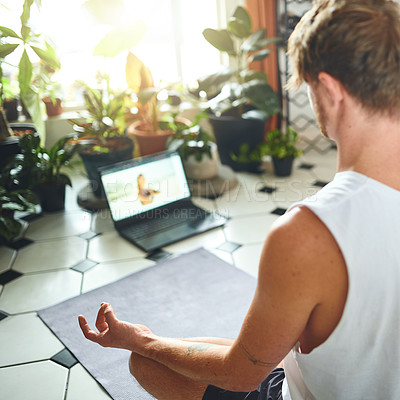 Buy stock photo Man, laptop screen and yoga meditation at house of holistic fitness, spiritual healing and mindfulness. Above, person and chakra exercise for mental health peace, lotus performance and tutorial video