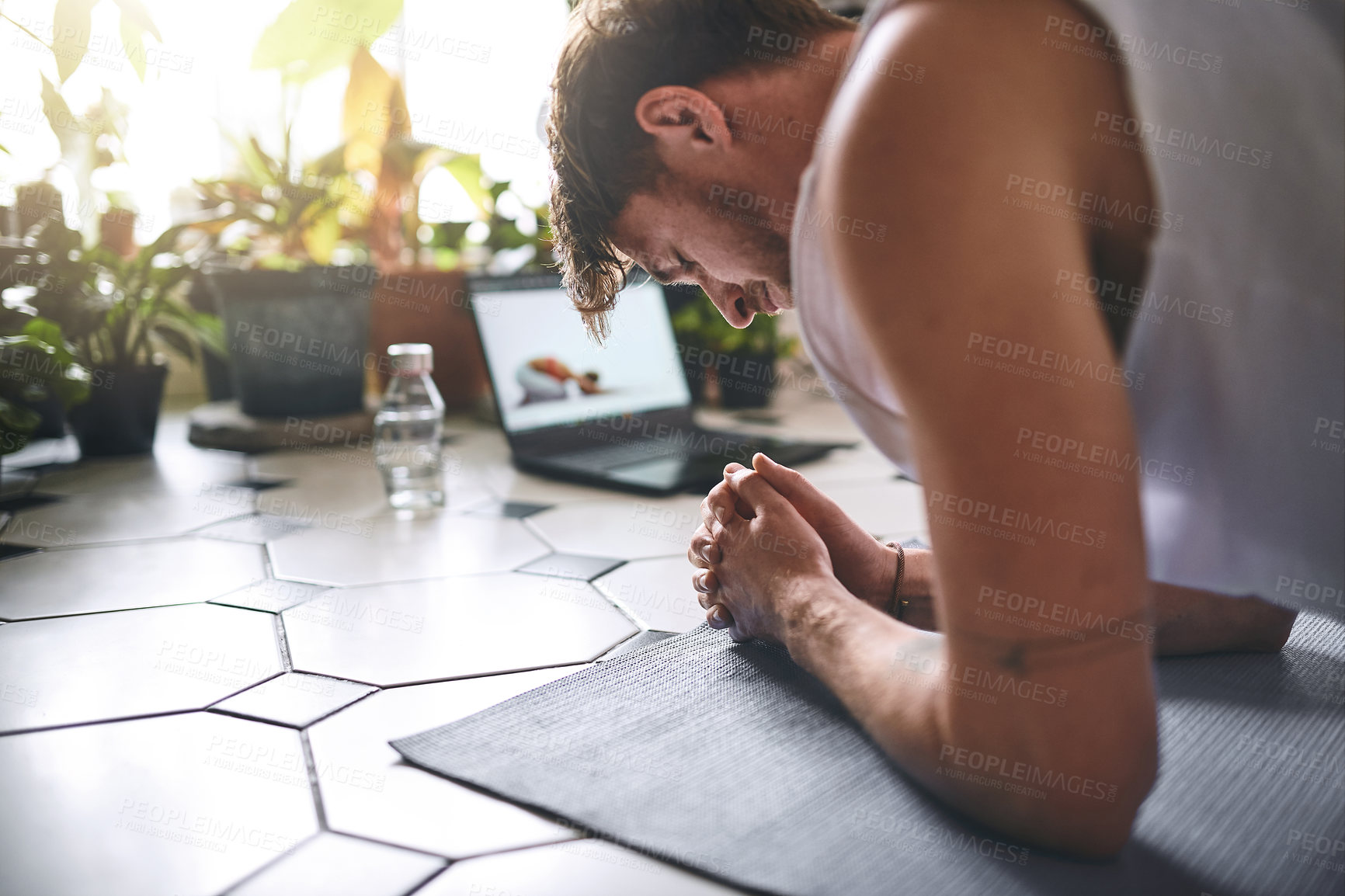 Buy stock photo Man, workout and plank with laptop screen for tutorial, online class or lesson on floor or yoga mat at home. Active, male person or yogi with computer, core strength or breathing for fitness exercise