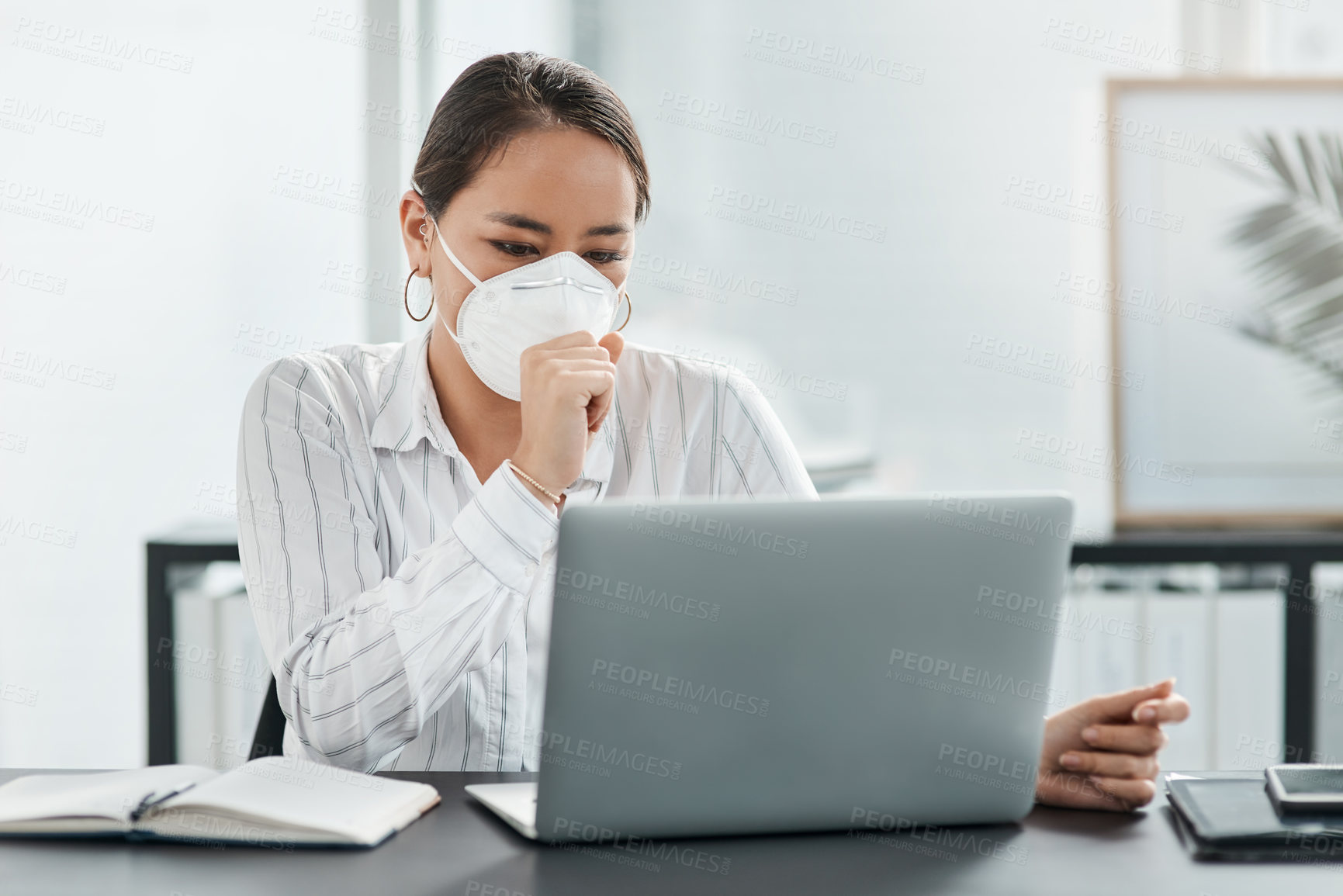 Buy stock photo Cough, laptop and face mask with business woman for air quality inspector, fumigation company and safety. Ventilation expert, emergency guidelines and online report with person for health policy