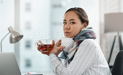 Buy stock photo Herbal tea, laptop and mask with portrait of businesswoman at desk in office for report or research. Asian, computer and pandemic with corporate employee in professional workplace in city for email