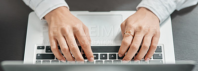 Buy stock photo Hands, business and woman typing on laptop for administration, budget planning and email feedback. Person, online and keyboard with communication, finance report and investment schedule for proposal