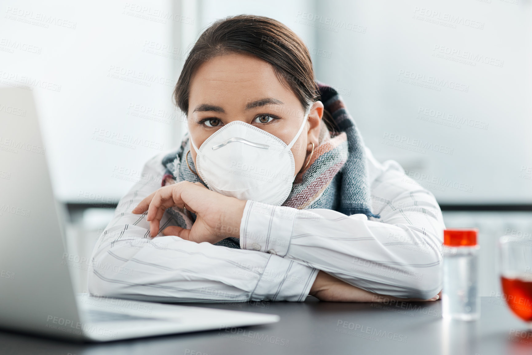 Buy stock photo Laptop, mask and portrait of Asian businesswoman at desk in office for report or research. Computer, fatigue and pandemic with corporate employee in professional workplace for recovery or rest