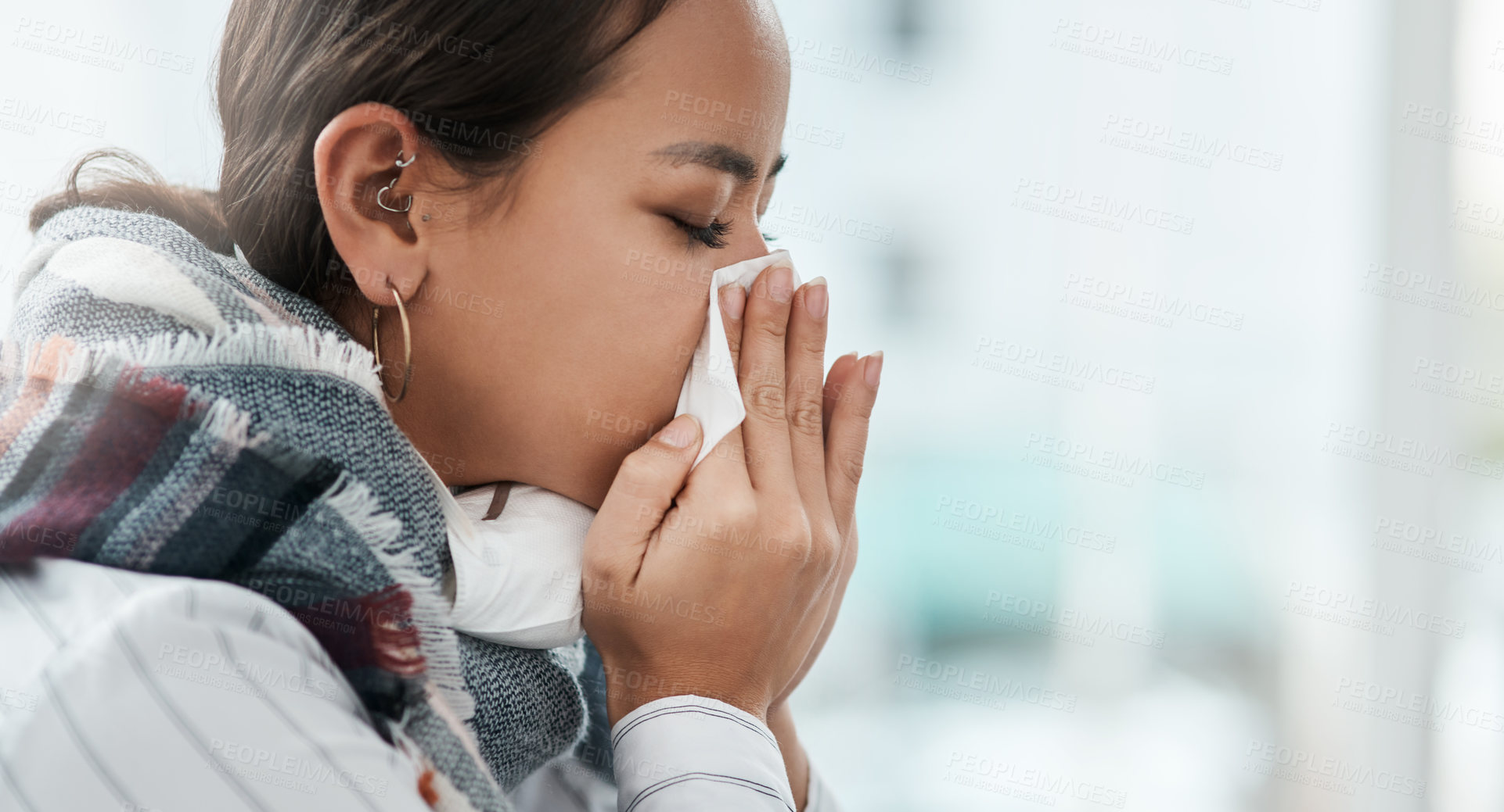 Buy stock photo Business woman, sick and blowing nose with tissue for sneeze, influenza or cold at office. Frustrated, female person or employee with flu, sinus or allergy for bacteria, germ or symptoms at workplace