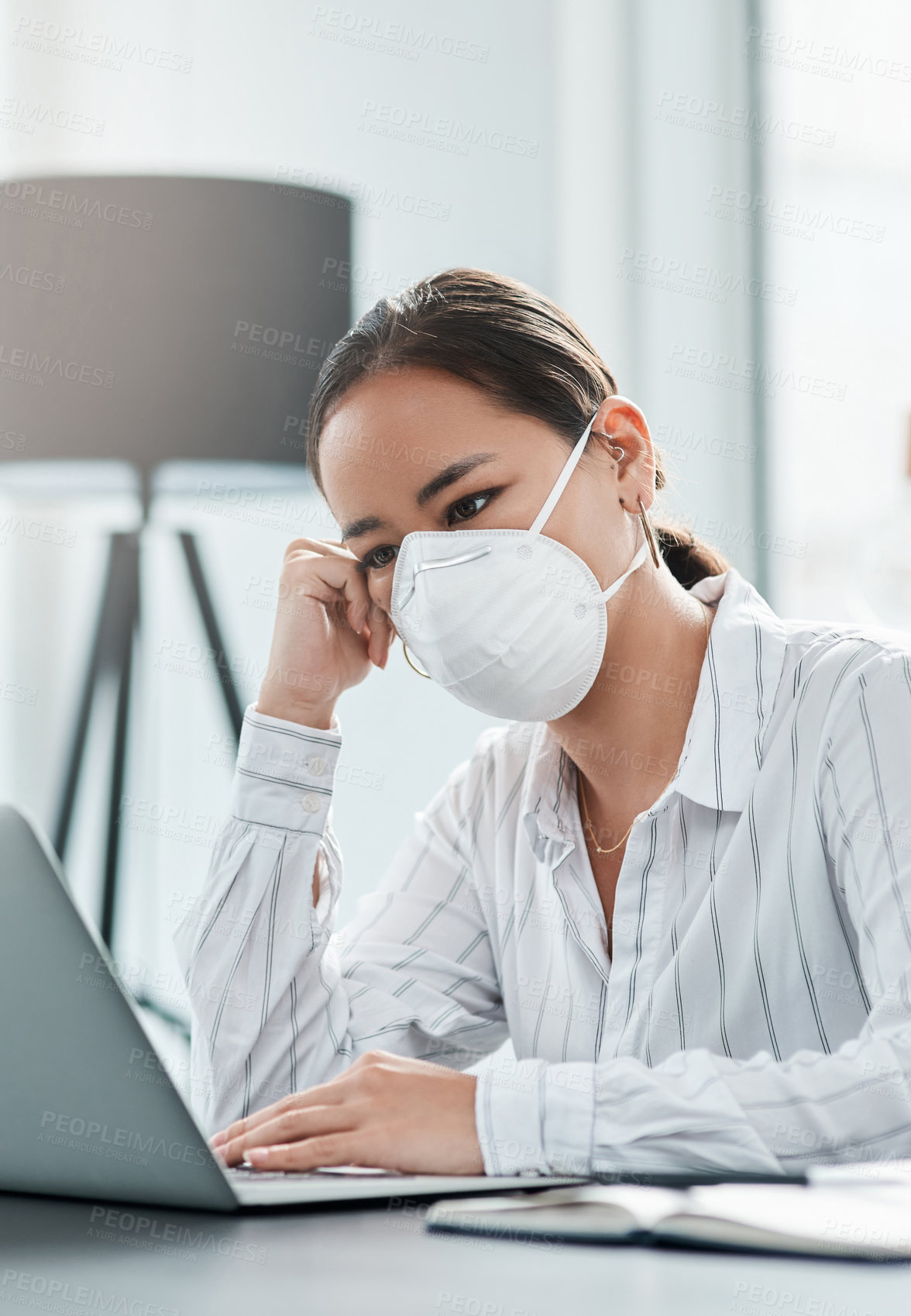 Buy stock photo Thinking, laptop and face mask with business woman for air quality inspector, fumigation company and safety. Ventilation expert, emergency guidelines and online report with person for health policy