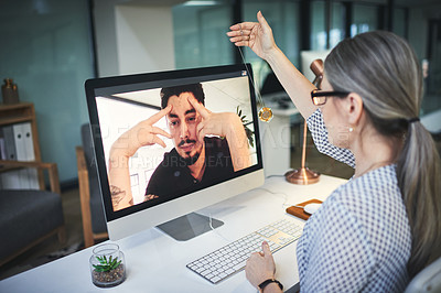 Buy stock photo Shot of a young man having a counselling session with a psychologist using a video conferencing tool