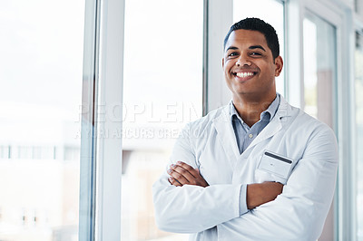 Buy stock photo Happy, arms crossed and science with portrait of man for research, medical and clinic expert. Smile, medicine and healthcare with male technician for laboratory, engineering and industry